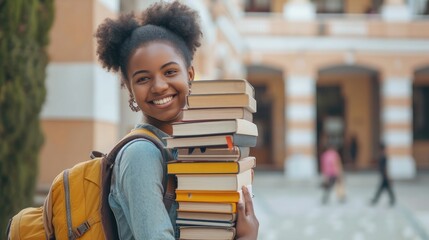 Cheerful Black Student Girl Hugging Books Posing With Backpack Near College Building Outdoor, Smiling To Camera. Modern Education, College Tuition And Grants - obrazy, fototapety, plakaty