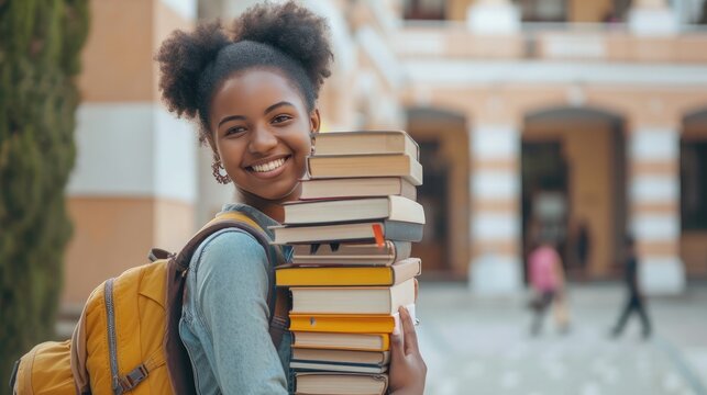 Cheerful Black Student Girl Hugging Books Posing With Backpack Near College Building Outdoor, Smiling To Camera. Modern Education, College Tuition And Grants