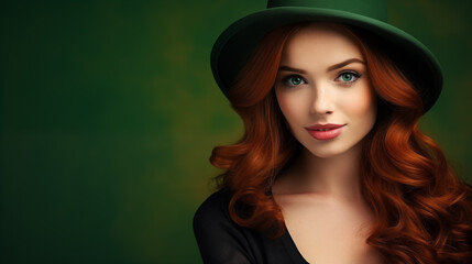 St. Patrick's Day. Portrait of a beautiful young woman wearing a leprechaun hat, space for text. Generative AI