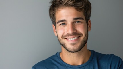 Obraz premium Close up portrait of smiling handsome guy in blue t-shirt isolated on gray background