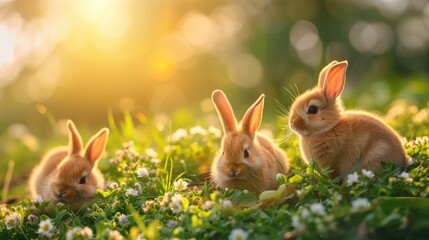 Fototapeta na wymiar Cute little easter bunnies on green grass at sunset