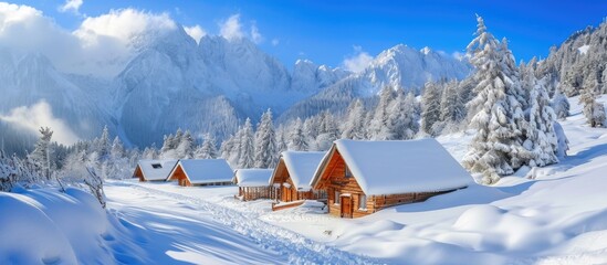 Gorgeous winter scenery with mountainous cabins and snow.