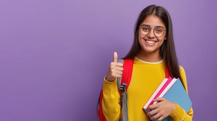 Happy indian female student wearing glasses showing thumbs up sign gesture,