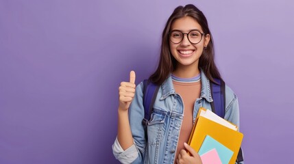 Happy indian female student wearing glasses showing thumbs up sign gesture,