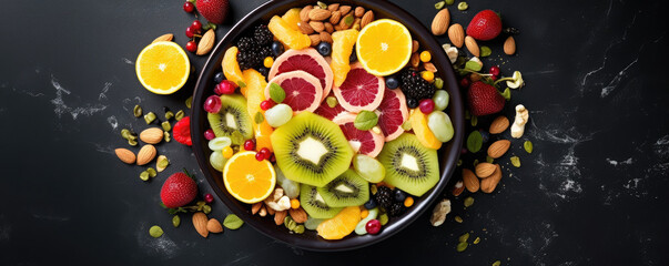 Top view of colorful fruit mix with nuts in a bowl. Healthy breakfast concept. Fresh fruit, raw food