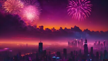 Fototapeta na wymiar Wallpaper landscape of night sky of a city with shiny fireworks. AI Generated