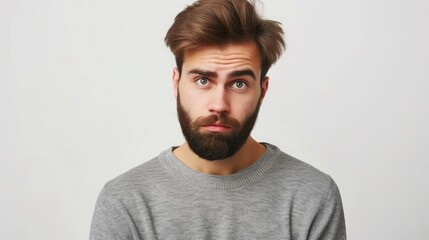 Obraz premium Isolated shot of young handsome male with beard, mustache and trendy hairdo, wears casual grey sweater