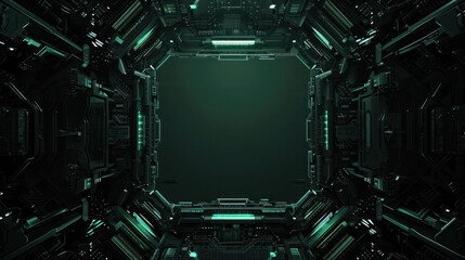 Fototapeta premium A deep perspective view of a futuristic spaceship corridor with intricate details and neon green lighting accents, invoking a sense of advanced technology