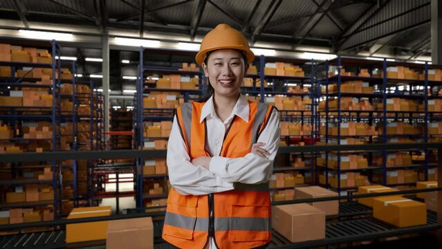 Asian Female Engineer With Safety Helmet Standing In The Warehouse With Shelves Full Of Delivery Goods. Crossing Her Arms And Smiling To Camera In The Storage
