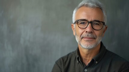 Portrait of a mature businessman wearing glasses on grey background. Happy senior latin man looking at camera isolated over grey wall with copy space.