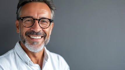 Fototapeta premium Portrait of a mature businessman wearing glasses on grey background. Happy senior latin man looking at camera isolated over grey wall with copy space.