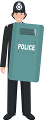 Standing British Policeman Officer with Metal Protective Shield in Traditional Uniform Character Icon in Flat Style. Vector Illustration