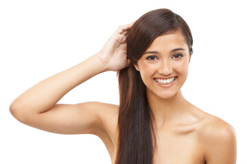Hair care, woman and portrait or happy in studio with keratin treatment, soft texture and shampoo...