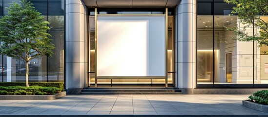 Blank poster on glass door with golden frame in hotel or office building exterior.