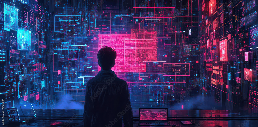 Poster tech-savvy businessman controlling futuristic holographic interface on digital screen in cyber netwo