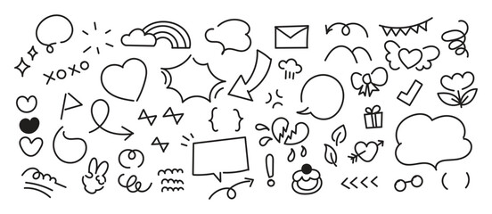 Set of cute pen line doodle element vector. Hand drawn doodle style collection of speech bubble, arrow, heart, wind. Design for decoration, sticker, idol poster, social media. - obrazy, fototapety, plakaty
