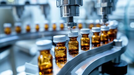 Medical Vials and Vaccines on Advanced Production Line. Laboratory machinery expertly engineers chemical glass bottles, driving groundbreaking research. Generative AI