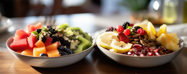 Close up photo of fresh fruit and nuts on plate, healthy food concept - 721260460