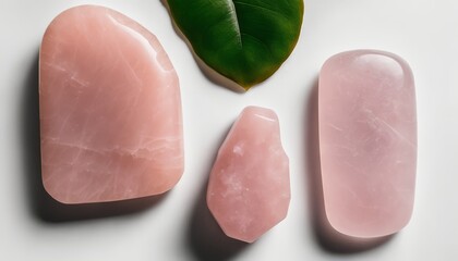 A collection of pink rocks and a leaf