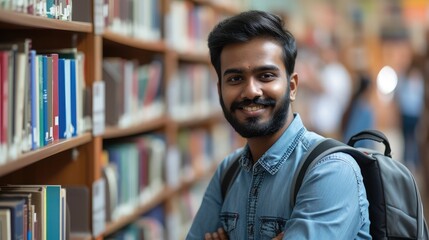 Obraz premium Portrait of cheerful male international Indian student with backpack, learning accessories standing near bookshelves at university library or book store during break between lessons. Education concept