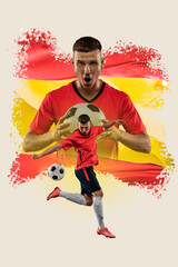 Fototapeta na wymiar Motivated young soccer player representing team of Spain. Spanish flag on background. Creative collage. Concept of football sport, championship, game, competition, tournament. Poster for sport events