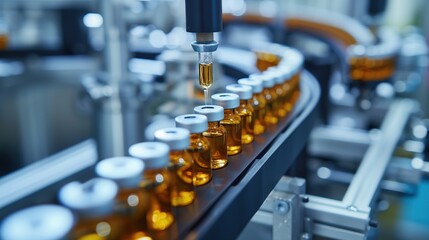 Pharmaceutical Factory's Production Line for Medical Vials and Vaccines. Laboratory machines sculpt chemical glass bottles, embodying the pinnacle of medical progress. Generative AI