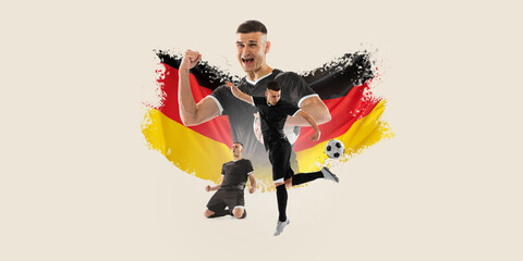 Ambitious young man, soccer player representing team of Germany. German flag on background. Collage. Concept of football sport, championship, game, competition, tournament. Poster for sport events