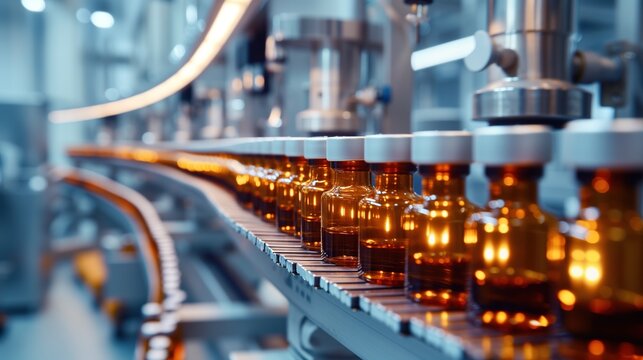 Production of Vaccines and Vials in Pharmaceutical Facility. Laboratory machines craft chemical glass bottles, symbolizing the forefront of healthcare innovation. Generative AI