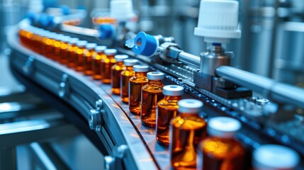 Pharmaceutical Factory's Production Line for Vials and Vaccines. Laboratory machines intricately craft chemical glass bottles, fueling the forefront of innovative research. Generative AI