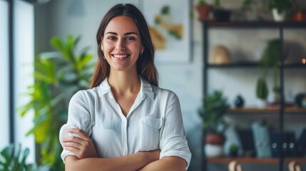 Portrait of young smiling woman looking at camera with crossed arms. Happy girl standing in creative office.