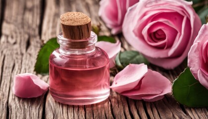 Obraz na płótnie Canvas A bottle of perfume with a rose petal on top