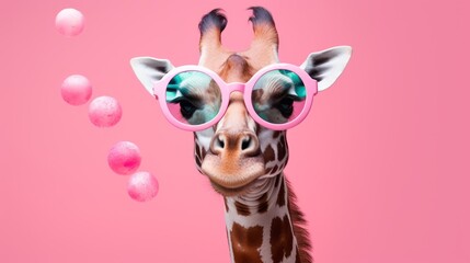 Portrait of a stylish fashionable giraffe in sunglasses on a pink background.