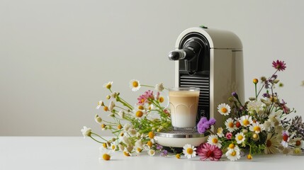 A coffee machine sitting on top of a table next to flowers