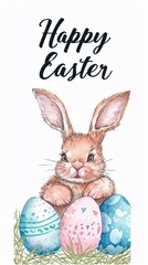 A watercolor painting of a bunny with easter eggs