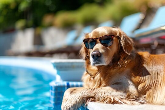cute golden retriever dog in sunglasses relaxing, resting,or sleeping near swimming pool, for retirement or retired or holiday concept