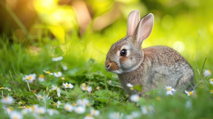 Naklejka na ściany i meble Rabbit in the meadow with flowers, shallow depth of field