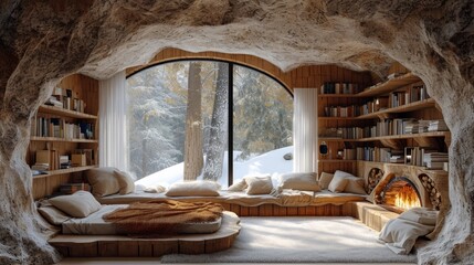 A room with a bed and a fireplace in it