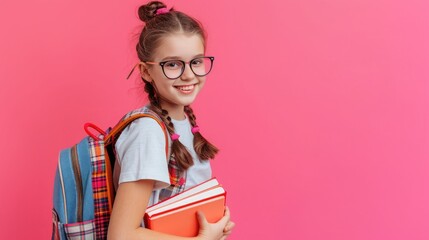 Smiling active excellent best student schoolgirl holding books and copybooks going to school wearing glasses and bag