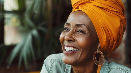 Smiling middle aged african american woman with orange headscarf. Beautiful black woman in casual clothing with traditional turban at home laughing. - obrazy, fototapety, plakaty