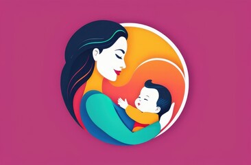 mother hugging baby, motherhood concept. illustration of beautiful girl holding newborn on hands.