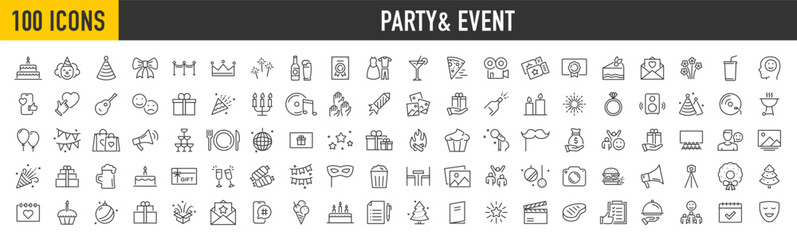 Set of 100 Party & Event web icons in line style. Birthday, dancing, happy new year, week, christmas, entertainment, invitations, wedding, event, holidays, carnival, collection. Vector illustration. - obrazy, fototapety, plakaty