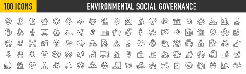 Fototapeta premium Set of 100 ESG, Environmental Social Governance web icons in line style. Sustainable developmen , sustainability, net zero, climate crisis, recycle, electric car, collection. Vector illustration.