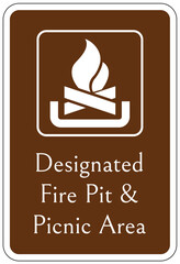 Campfire safety sign designated fire pit and picnic area