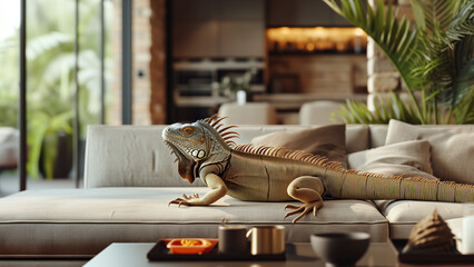 Couch Climber: Iguana’s Living Room Adventure - obrazy, fototapety, plakaty