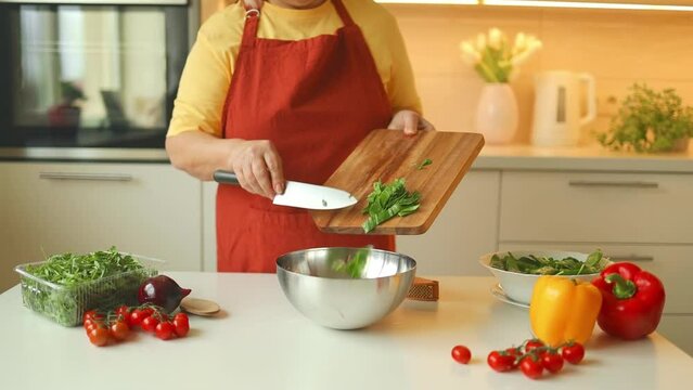 Healthy food concept. Fresh greens. Closeup of female chef's hands preparing a recipe in the kitchen with vegetables. Girl adding spinach to a bowl.