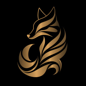 Vektor Logo eines goldenen W&uuml;stenfuchses vor schwarzem Hintergrund, 3