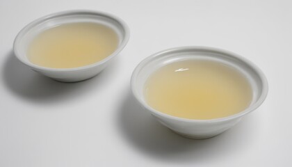 Two white bowls filled with liquid