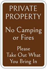 Campfire safety sign private property, no camping no fire. Please take out what you bring in