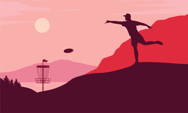 Premium editable vector file of diskgolf player throw the disc in the good afternoon mountain scene best for your digital design and print mockup