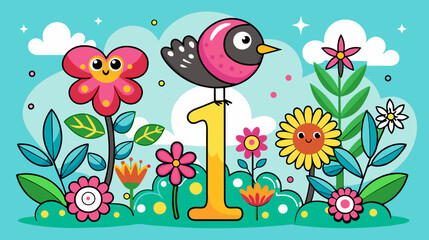 Colorful vector illustration of cartoon bird and flowers